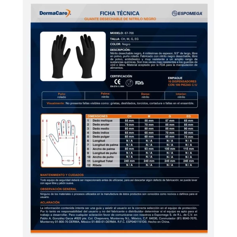 Derma Care Guantes De Nitrilo Negro Desechables Grandes C/100pzs