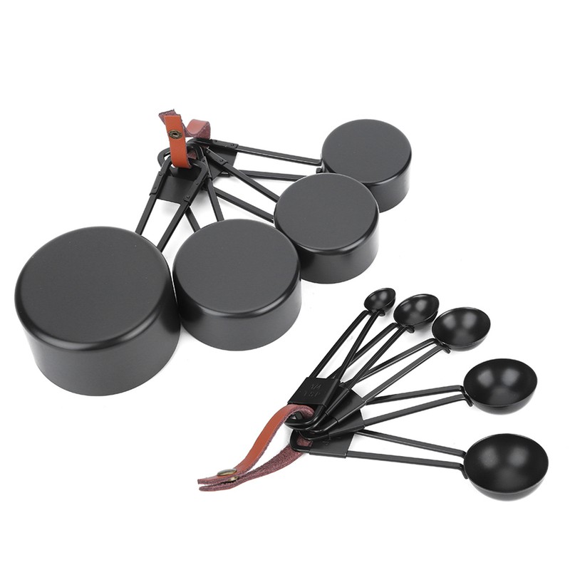 9PCS Black Stainless Steel Measuring Cups Set Coffee Spoon with