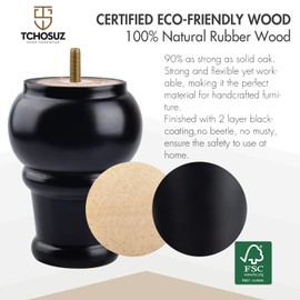 TCHOSUZ 4 inch / 10cm Wooden Furniture Legs, Pack of 4 Classic Black Solid Wood Turned DIY Replacement Bun Feet with M8 Hanger Bolts & T-Nuts for Sofa Couch Ottoman Cabinet Table Riser