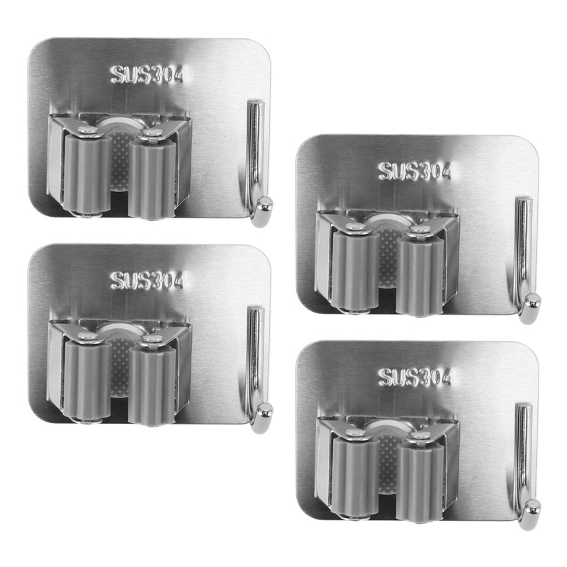 4Pcs Silver Mop Broom Holder with Hook Wall Mounted 304