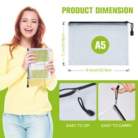 Mesh Zipper Pouch, 6PCS Waterproof Plastic Mesh ZipperBag, A5 Size Tear-Resistant Document Pouch, Extra Large Zip File Bags, for School Office Supplies Home Travel Storage(9.4×7.1 Inch)
