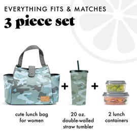 Fit & Fresh Lunch Bag For Women, Insulated Womens Lunch Bag For Work, Leakproof & Stain-Resistant Large Lunch Box For Women With Containers and Matching Tumbler, Snap Closure Westport Bag Sage Camo