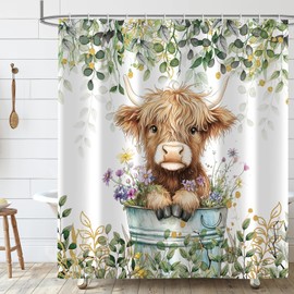 Sokdcam Sage Green Eucalyptus Highland Cow Shower Curtain for Bathroom, Farmhouse Cow Watercolor Plant Leaves Rustic Bathroom Curtains Set, Funny Cattle Waterproof Fabric Bath Curtains, 72x72 inch