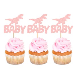 Ercadio - Paquete de 24 adornos de dinosaurios para cupcakes de bebé, diseño de dinosaurio, purpurina rosa, para cupcakes de bebé, diseño de dinosaurio, baby shower, decoración de tartas