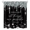 Newsely 4Pcs Black Silver Diamonds Quotes Shower Curtain Set with