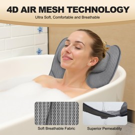 Extra Long Thick Full Body Bath Pillow for Tub with Lumbar Pillow- Luxury 4D Air Mesh Bathtub Pillow with Head, Shoulder & Back Support, Non-Slip Bath Cushion with Suction Cups, Fits All Tubs-Gray