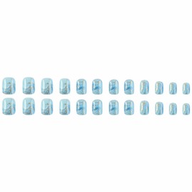 MISUD Press on Nails Short Square Fake Nails Glossy Glue on Nails Summer Blue Ombre Acrylic Nails Squoval Artificial Nails Gold Foil Stick on False Nails with Design 24 pcs