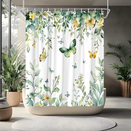 RJSMRJ Green Plant Shower Curtain Tropical Eucalyptus Leaves Butterfly Spring Floral Botanical Nature Leaf Watercolor Bathroom Curtains Set Polyester Fabric with Hooks 70" W x 70" L