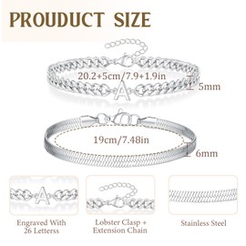 ZENGSING Men's Bracelet Stainless Steel Bracelets Curb Chain Bracelet Men's with Letters 2 Pieces Silver Men's Bracelets A-Z Bracelet Birthday Gifts for Men Dad Boyfriend Son Brother Husband,