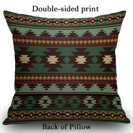 Smooffly Cotten Linen Cushion Cover Southwest Tribal Green Brown Decorative Square Throw Pillow Case Pillowcase for Couch Livingroom Sofa Bed 45cm x 45cm,18x18 Inches