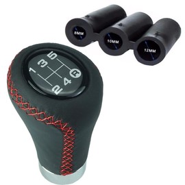 Universal 5-Speed Gear Lever Gear Knob with Red Stitching Including 3 Adapters 8 mm 10 mm 12 mm No Thread