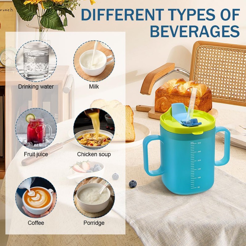 BIZOI 2PCS Elderly Spill Proof Cups, 300ml Unspillable Cup with