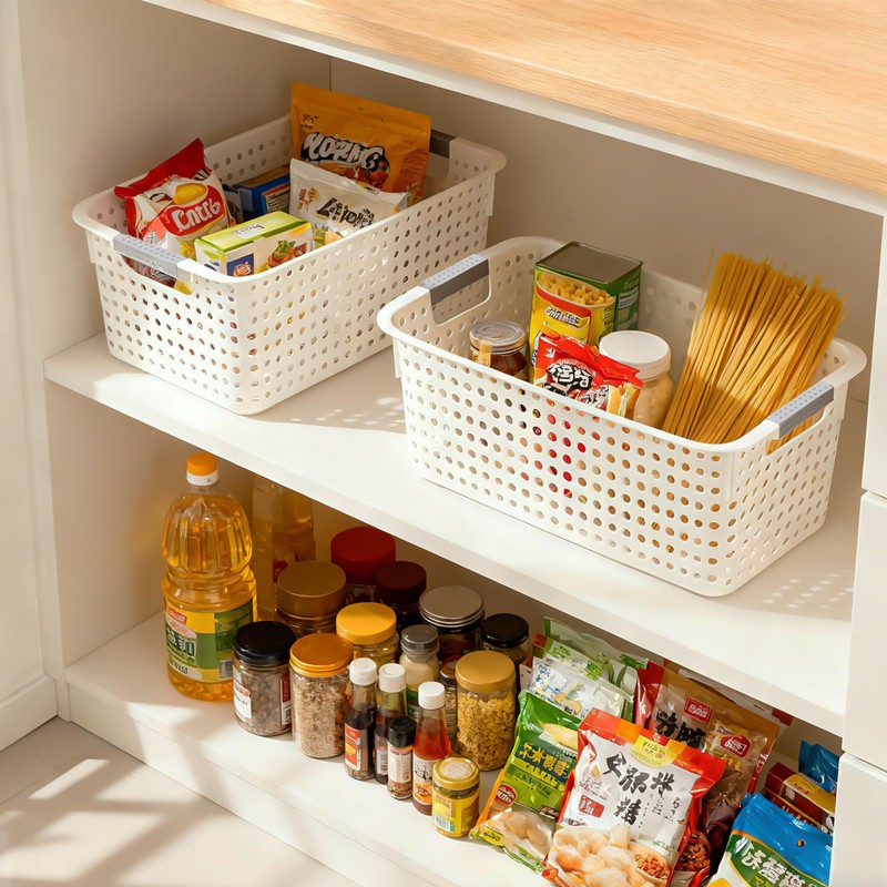 4-Pack Hollow Plastic Storage Baskets with Handles(White, Medium)