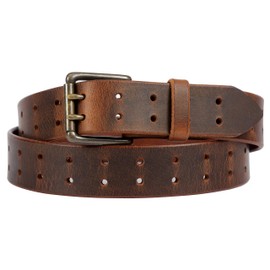 Two Prong, Heavy Duty, 1-1/2" Solid Leather Belt, Amish Made by Hand in Lancaster, PA (Distressed Brown, 50)