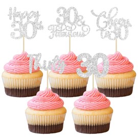 Paquete de 30 adornos para magdalenas de feliz 30 cumpleaños con purpurina plateada de treinta vívidas a 30 cumpleaños para decoraciones de pasteles de feliz 30 cumpleaños