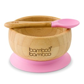 Baby Suction Cup Bowl with Matching Spoon Set, Stable Suction Feeding Bowl, made of natural plywood.