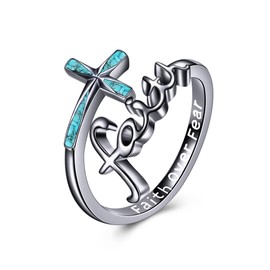 URONE Faith Cross Rings Adjustable Sterling Silver Turquoise Faith Over Fear Cross Rings Christian Religious Jewelry Gifts For Women Men Black