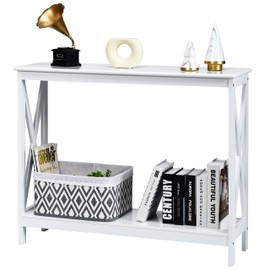 Giantex Console Table 2-Tier with Storage Shelf,X-Design Bookshelf Narrow Accent Table for Entryway Hallway Living Room Sofa Side Table (White)