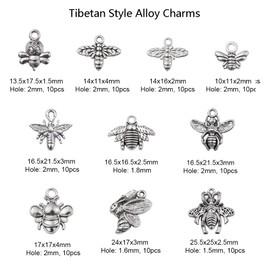 Ornazy 100pcs Tibetan Bee Charms, 10 Styles, Antique Silver, DIY Jewellery Making Crafts