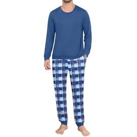 Ekouaer Pyjamas Men Long Sleeve Pjs Sets Plaid Pajamas for Men Nightwear Loungewear, Navy, L