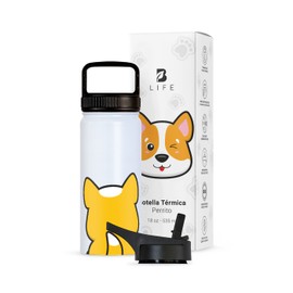 Botella de Agua para Niños Resistente con Popote y Asa, Termo de Perrito de 532 ml para Bebidas Frías y Calientes más Tiempo y Sin Fugas. Dog Kids Water Bottle. B Life