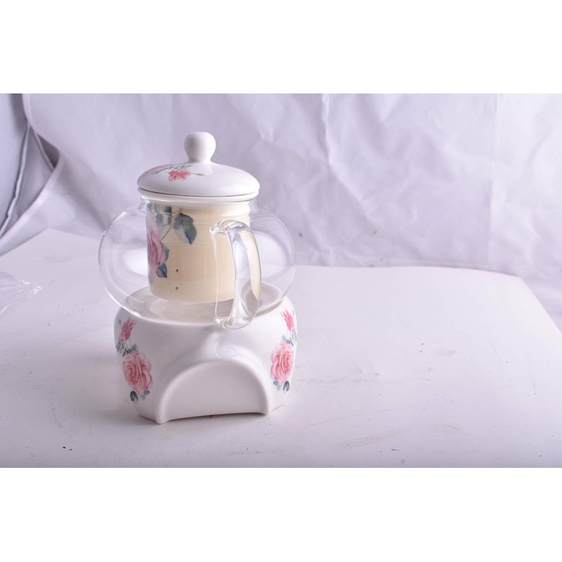 Rose Floral Design Glass Teapot With Infuser and Tea Warmer