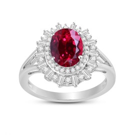 Jewelili Sterling Silver 9x7 MM Oval Created Ruby with Baguette and Round Created White Sapphire Engagement Ring Size 7