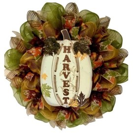 White Wood Pumpkin Harvest Deco Mesh Handmade Wreath With Rope And Metal Autumn Leaves