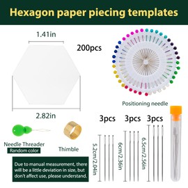 252 Piece Paper Piecing Templates Set, Include 200 1.5-inch Paper Piecing Hexagons, 9 Large-Eye Pins with Needle Bottle, 40 Positioning Pins, 1 Thimble, 1 Threader, for Quilting, Sewing