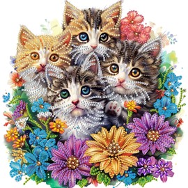 Woteilus Cat Diamond Art Kits for Adults: Stitch Diamond Painting Cute Cats with Flowers for Beginners Special Shaped Animal Diamond Art Cats 12 x 12 inch