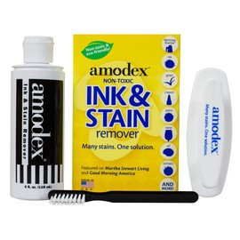 Amodex Ink & Stain Kit with Stain Remover Brushes, Removes Ink, Sharpie, Grease, Food and More, Safe and Effective on Clothes, Leather and Skin, Includes 1 Bottle and 2 Brushes