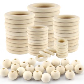 Wooden Rings and Wooden Beads Set Wooden Rings for Crafts Macrame Rings 50 Pieces Macrame Wooden Beads 40 Pieces Wooden Ring Natural for DIY Crafts Ring Pendant and Connector Jewellery Making
