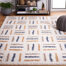 SAFAVIEH Calico Shag Collection Area Rug - 6'7" Square, Ivory & Gold, Geometric Design, Non-Shedding & Easy Care, 1.6-inch Thick Ideal for High Traffic Areas in Living Room, Bedroom (CLC112A)
