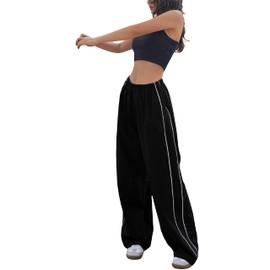 Springrain Womens Wide Leg Track Pants Slouchy Stripe Detail Jogger Sweatpants with Pockets(Black-M)