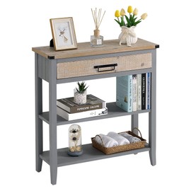 RUSTOWN Farmhouse Console Table with Drawer, 3-Tier Rustic Entryway Table with Open Storage Shelves and Handmade Metal Handle, Narrow Foyer Sofa Table for Living Room, Entryway, Hallway (Grey)
