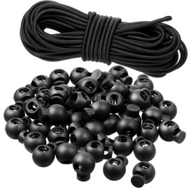 50 Pieces Plastic Cord Locks Single Hole Spring Toggle Stoppers Buttons Fastener Slider Black Round Elastic Drawstring Rope Locks with 30 Feet Elastic Bungee Nylon Shock Cord