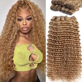Troskamar Honey Blonde Deep Wave Bundles Human Hair Color #27 Curly Human Hair Bundle 12A Colored Blonde Wet and Wavy Bundles for Black Women 20 22 24 Inch