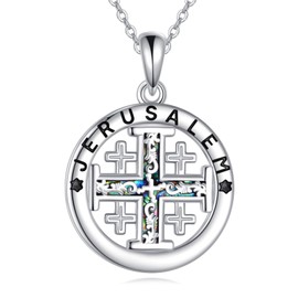 URONE Jerusalem Cross Necklace 925 Sterling Silver Crusader Jerusalem Cross Pendant Crucifix Christians Jewelry Gifts for Women