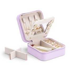 Vlando Small Travel Jewelry Box Organizer - Mirrored Carry-on Jewelries Necklaces Rings Earrings Necklace Storage Case, Purple