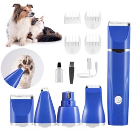 Dog Clippers Grooming Kit Hair Clipper - Pet Nail Sharpener and Shaver Set 4 in 1 Low Noise - Cordless Quiet Nail Grinder Shaver for Dogs, Cats (Blue Upgrade)