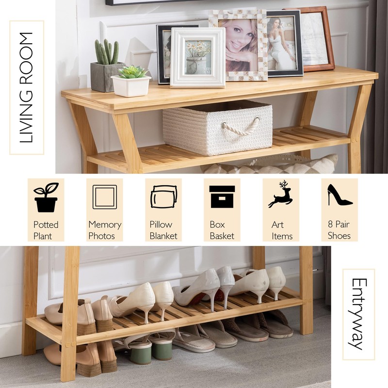 Nnewvante Bamboo Console Table Behind Couch, Entryway Table with Shelves,