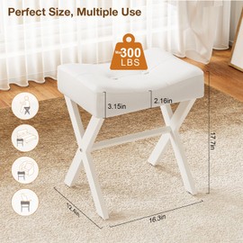 Ottoman Foot Rest, 18 inch Leather Vanity Stool Chair, Thick Padded Saddle Seat with Metal X-Leg, Small Chair Under Desk for Vanity, Living Room, Couch-White