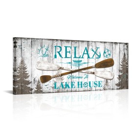 Lake House Wall Art Lake Rules Prints Wall Decor Cabin Pictures Canvas Painting for Home Decor Framed 16"x40" (Blue) (Teal)