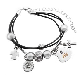 Kigu Lily Name Bracelet - Genuine Leather Multi Strand Bracelet & 18K White Gold Plated Engraved Heart Charm
