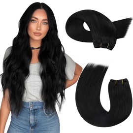 Moresoo Genius Weft Hair Extensions Human Hair Black Remy Hand Tied Sew in Hair Extensions Real Human Hair Jet Black 60g 20inch
