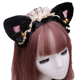 [FUPUTWO] Lolita Headdress Cat Ear Headband Maid Ribbon Cosplay Hair Ornament (Black Ears, Black)