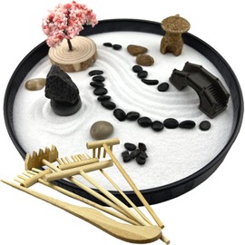 Zen Garden for Desk Japanese Zen Garden Kit 8 Inch Large Round with 6 Sand Rake and Accessories Tray Mini Desktop Zen Decor for Home Office Therapy Relaxation Meditation ﻿