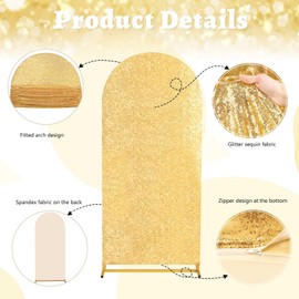 Fanqisi Arch Backdrop Set of 2 Spandex Fitted Covers - Gold Sequin 6FT, 7.2FT Sparkly Covers for Party Wedding Banquet
