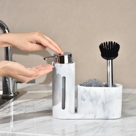 Soap Dispenser with Sponge Holder, Kitchen Soap Dispenser Pump, Sponge Caddy and Brush Holder 3 in 1 Set Organizer for Sink Countertop, Rustproof（White）