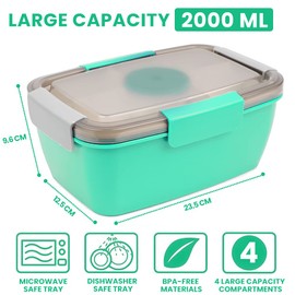 Bugucat Bentobox 2000ML, Lunch Box Salad Lunch Container to Go with 4 Compartment Tray, Salad Bowl with Dressing Container, Meal Prep to Go Containers for Food Fruit Snack, Built-in Reusable Spoon